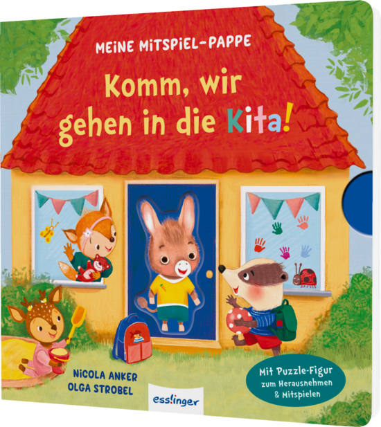 Das Buchcover zeigt ein buntes Kitahaus mit rotem Dach. Vor der Tür steht ein freundlich lächelndes Kaninchen mit Rucksack, umgeben von weiteren Tieren.