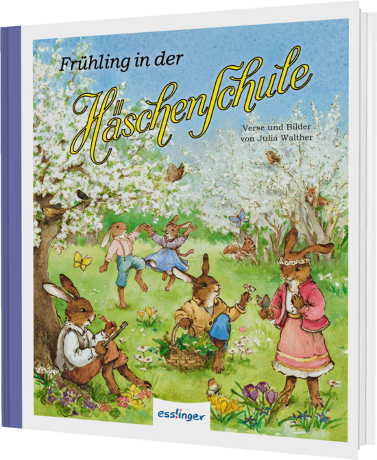 Das Buchcover zeigt fröhliche Hasen in einem blühenden Frühlingsgarten. Die Figuren sind in bunten Kleidern dargestellt, umgeben von Blumen und Bäumen.