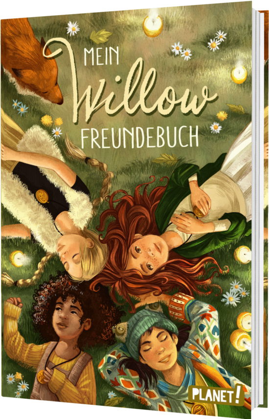 Das Buchcover zeigt vier lachende Kinder, die in einer Wiese liegen, umgeben von Blumen. Ein brauner Hund sitzt auf der linken Seite, während die Überschrift „Mein Willow Freundebuch“ in verspielter Schrift oben prangt.