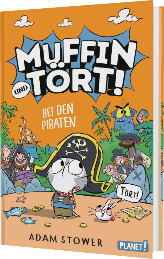 Das Buchcover zeigt die Figuren Muffin und Tört, die vor einer bunten Piratenlandschaft stehen. Muffin trägt einen Piratenhut und umgeben sind sie von fröhlichen Piraten, Trockenfisch und einem Eulen-Logo in Blau und Orange.