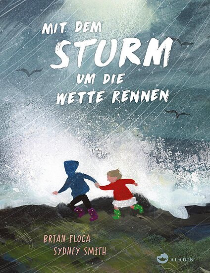 Das Buchcover zeigt zwei Kinder, ein Mädchen in rotem und ein Junge in blauem Outfit, die Hand in Hand bei stürmischem Wetter über einen nassen Strand rennen. Wellen schlagen gegen die Küste und bewölkter Himmel verstärkt die dramatische Atmosphäre.