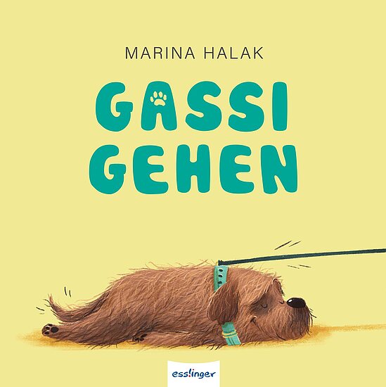 Das Buchcover zeigt einen niedlichen Hund, der auf dem Boden liegt und einen karierten Halsband trägt. Der Titel „Gassi gehen“ ist in großen, bunten Buchstaben auf hellem Hintergrund platziert.