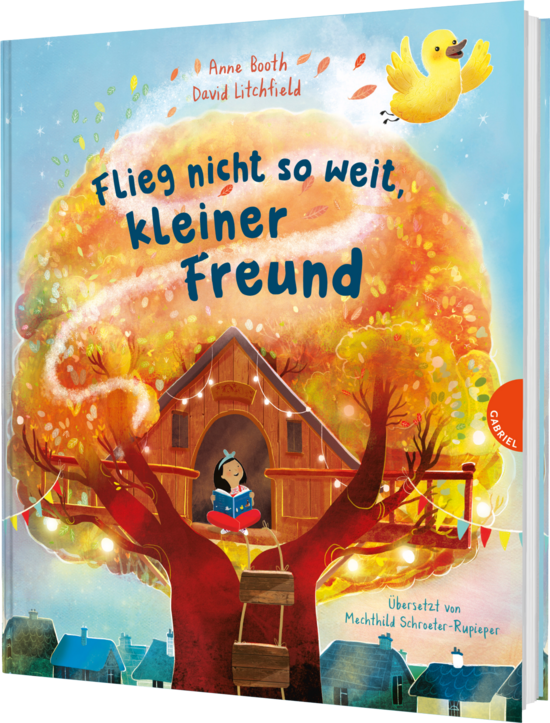 Das Buchcover zeigt ein buntes Baumhaus unter einem großen, orangen Baum mit herbstlichen Blättern. Eine Leserin sitzt auf einer Anhöhe, während ein gelbes Entchen darüber schwebt.