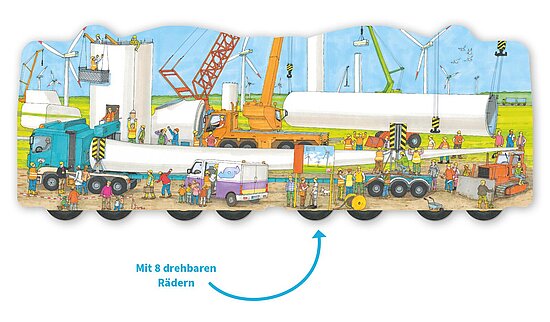 Das Buchcover zeigt eine bunte Baustelle mit Arbeitern in Warnwesten, Kränen und weißen Windrotorblättern vor blauem Himmel und grüner Wiese.
