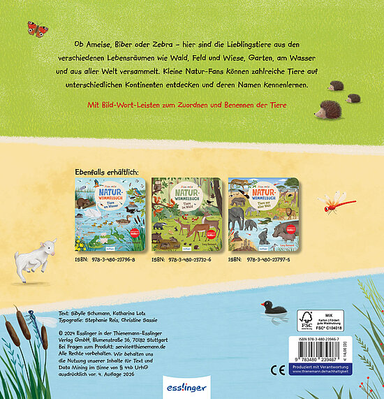 Das Buchcover zeigt eine bunte, illustrierte Tierwelt mit verschiedenen Tieren in ihren Lebensräumen, wie Wiese, Wasser und Wald. Die Farben sind lebhaft, mit grünem, blauem und beigem Hintergrund, der eine freundliche und einladende Atmosphäre schafft.