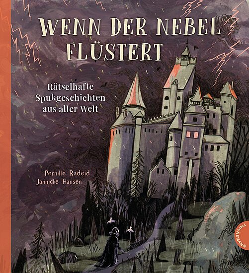 Das Buchcover zeigt ein düsteres Schloss, umgeben von Bäumen und Nebel. Im Vordergrund sitzt eine rätselhafte Figur auf einem Stein, während Blitze den Himmel erhellen.
