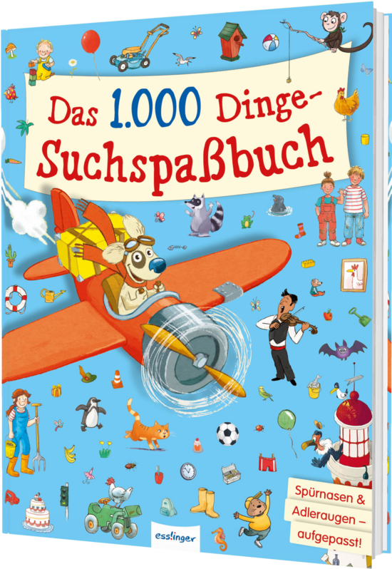Das Buchcover zeigt vor hellblauem Hintergrund ein orangenes Propellerflugzeug mit Hund als Pilot, zahlreiche bunte Suchobjekte und zwei Kinder.