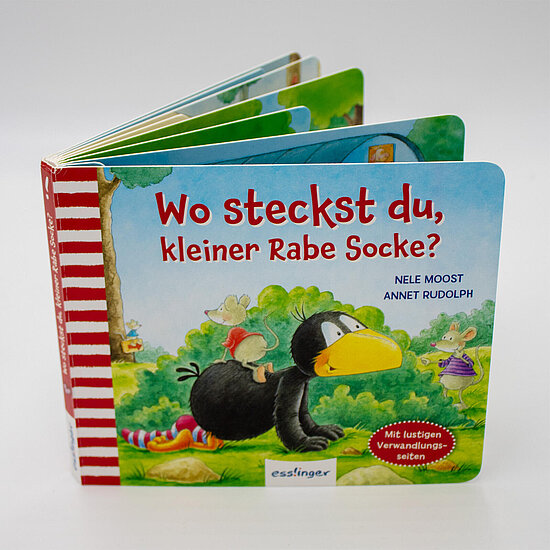 Das Buchcover zeigt den schwarzen Raben Socke mit gelbem Schnabel, eine Maus auf seinem Rücken, grüne Büsche und einen hellblauen Himmel.