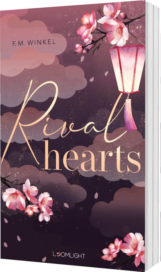 Das Buchcover zeigt blühende Kirschblüten vor einem dunklen, wolkigen Hintergrund. In der Mitte steht der Titel „Rival hearts“ in goldenen Lettern, begleitet von einer schlichten Laterne.