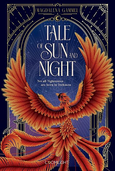 Das Buchcover zeigt einen majestätischen Phönix in kräftigen Rot- und Orangetönen, der vor einem tiefblauen Hintergrund fliegt. Der Titel „Tale of Sun and Night“ ist elegant am oberen Rand platziert.