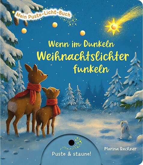 Das Buchcover zeigt zwei Rehe mit roten Schals im Schnee, die auf einen leuchtenden Stern blicken. Der Hintergrund ist dunkelblau mit schneebedeckten Tannen und einer glitzernden Winterlandschaft.