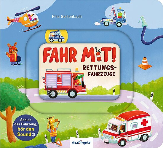 Das Buchcover zeigt ein spielerisches, farbenfrohes Design mit einem Feuerwehrfahrzeug und einem Krankenwagen auf einer Rundstraße. Im Hintergrund fliegen ein Hubschrauber und ein weiterer Einsatzwagen, umgeben von Bäumen und Verkehrshütchen.