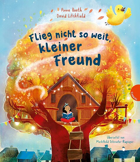 Das Buchcover zeigt ein großes, buntes Baumhaus in einem magischen Baum mit herbstlichen Blättern und einer kleinen gelben Ente, die darüber fliegt. Eine lesende Figur sitzt unter dem Baum und genießt die Szenerie.
