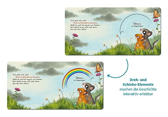 Das Buchcover zeigt … zwei Mäuse, eine orange und eine graue, im grünen Gras vor blaugrauem Himmel mit Regenbogen und Schmetterling.