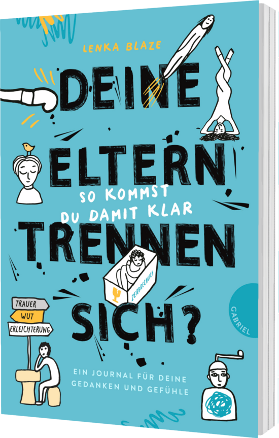 Das Buchcover zeigt auf einem hellblauen Hintergrund große, schwarze Schriftzüge mit dem Titel „Deine Eltern trennen sich?“. Grafische Elemente wie Figuren in verschiedenen Posen und Symbole für Trauer und Wut sind eingearbeitet.