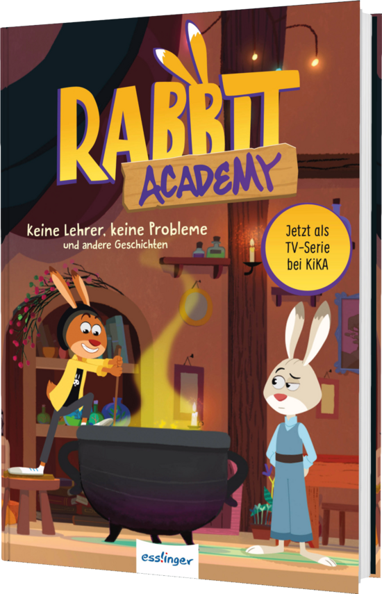 Das Buchcover zeigt einen farbenfrohen, cartoonhaften Raum mit einem kochenden Kessel, während ein fröhlicher, brauner Hase und ein weißer Hase miteinander sprechen. Die Wände sind in warmen Erdtönen gehalten, das Titellogo in gelber Schrift ist prominent oben platziert.