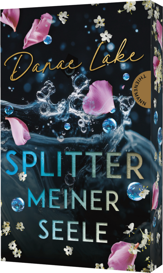 Das Buchcover zeigt einen dunklen Hintergrund mit Wasserblasen und zarten Blütenblättern in Rosa. In der Mitte steht der Titel „SPLITTER MEINER SEELE“ in großen, hellen Buchstaben.