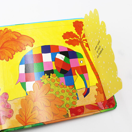 Das Buchcover zeigt einen bunt karierten Elefanten in Blau Rot Grün und Pink vor gelbem Hintergrund mit orangefarbenen Blättern und einer gelben Klappe.