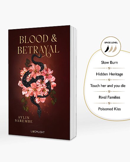 Das Buchcover zeigt eine schwarz glänzende Schlange, die sich um große rosa Blüten windet vor dunkelrotem Hintergrund und goldener Titelschrift.