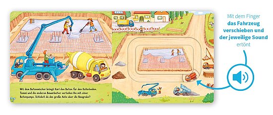Das Buchcover zeigt … eine bunte Baustellenszene mit blauem Kran und gelbem Betonmischer, mehreren Bauarbeitern und beigegrünem Boden.