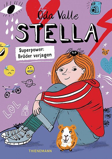 Das Buchcover zeigt ein Mädchen mit rotbraunen Haaren, das mit einem Hamster auf dem Schoß sitzt. Der Hintergrund ist lila und mit verschiedenen bunten Illustrationen, darunter Herzen, Smileys und eine Kamera, gestaltet.