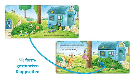 Das Buchcover zeigt ... einen tuerkisblauen Wohnwagen auf gruener Wiese, einen Baum und mehrere froehliche Tierfiguren beim Spielen.