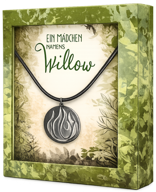 Das Buchcover zeigt einen grünen, blattigen Rahmen, im Zentrum ein beiges Pflanzenmotiv, eine schwarze Kordel und einen runden Silberanhänger.