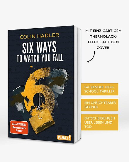 Das Buchcover zeigt zwei jugendliche Profile vor dunkelblauem Hintergrund und eine grosse gelbe Zahl 6, an der eine gelbe Schultasche haengt.