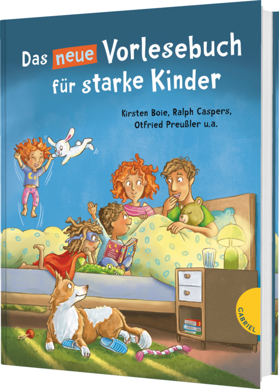 Das Buchcover zeigt eine fröhliche Familie in einem gemütlichen Kinderzimmer. Drei Kinder mit lockigem Haar sitzen auf einem Bett, umgeben von Spielzeug und einem Hund.