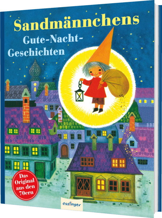 Das Buchcover zeigt das Sandmännchen mit einem roten Zipfelmütze und einer braunen Tüte, umgeben von einem leuchtenden Kreis. Im Hintergrund sind bunte, beleuchtete Häuser und ein sternenhimmel zu sehen.