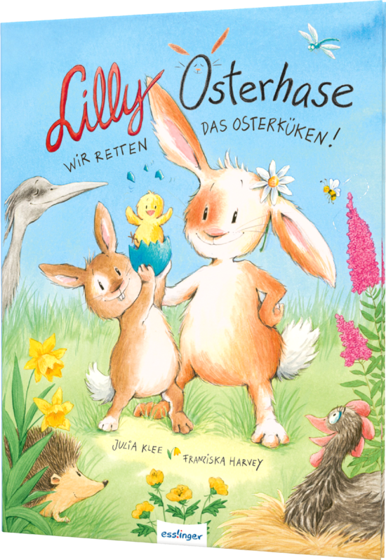 Das Buchcover zeigt zwei Hasen, einen großen mit Gänseblümchen am Ohr, und ein gelbes Küken im blauen Ei, umgeben von grünem Gras, Blumen und Igel.
