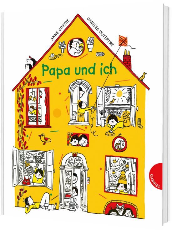 Das Buchcover zeigt ein gelbes Haus mit verschiedenen Fenstern. Vor den Fenstern sind Kinder und ein Erwachsener sichtbar, die fröhliche Szenen darstellen.
