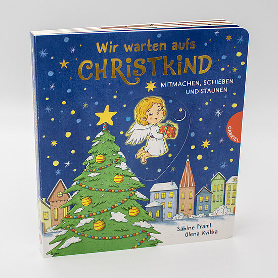 Das Buchcover zeigt … vor blauem Nachthimmel ein fliegendes blondes Engelchen mit Geschenk über einem geschmückten grünen Weihnachtsbaum und Häusern.
