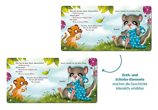 Das Buchcover zeigt ... ein braunes Nagetier links und ein graues Tier mit Maske rechts auf grünem Gras vor blauem Himmel und rosa Blumen.