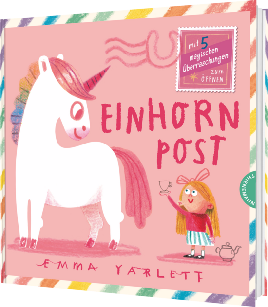 Das Buchcover zeigt ein freundliches, weißes Einhorn mit einem bunten Horn und eine lächelnde, kleine Mädchenfigur mit langen, blonden Haaren. Der Hintergrund ist in sanften Rosa-Tönen gehalten.