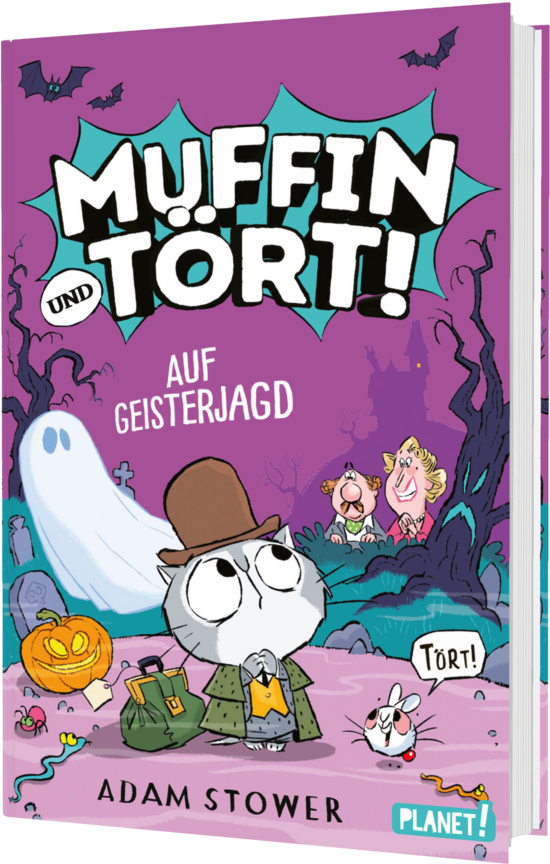 Das Buchcover zeigt die Charaktere Muffin, eine kleine Maus mit Melonenhut, und Tört, ein widerlicher Geist. Sie stehen vor einem schaurigen, lilafarbenen Hintergrund mit Kürbissen und weiteren gruseligen Elementen.