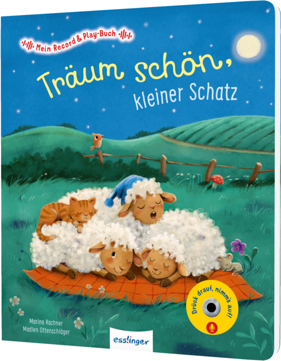 Das Buchcover zeigt eine nächtliche Landschaft mit sanften Hügeln, auf denen vier schlafende Schafe auf einer roten Decke liegen. Der Himmel ist dunkelblau mit einem großen, leuchtenden Mond und funkelnden Sternen.
