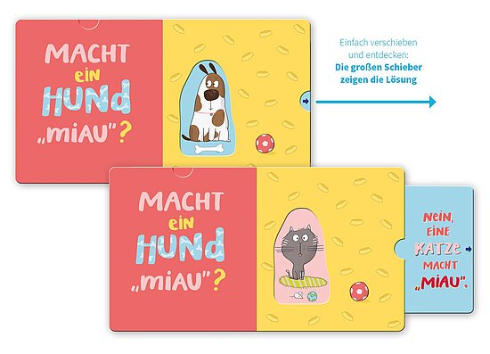 Das Buchcover zeigt … links eine rote Fläche mit Titeltext und rechts eine gelbe Fläche mit Hund, Ball und durch Schieber eine graue Katze.