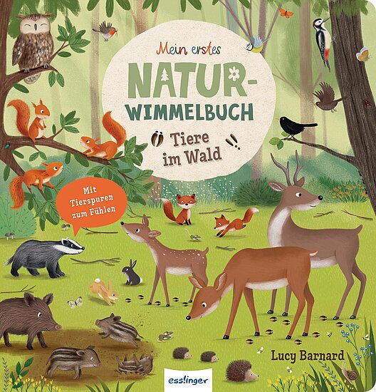 Das Buchcover zeigt eine farbenfrohe Waldszene mit verschiedenen Tieren wie Rehen, Füchsen und einem Dachs. Der Hintergrund ist grün mit Bäumen und Vögeln, und der Titel ist freundlich gestaltet.