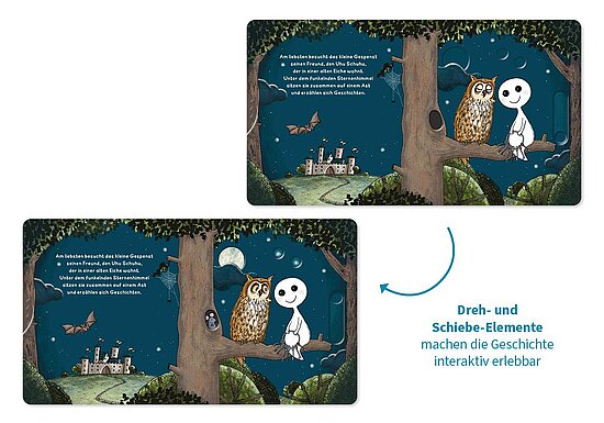 Das Buchcover zeigt … eine Eule und eine weiße freundliche Gestalt auf einem Ast vor dunkelblauem Sternenhimmel mit Mond, Fledermäusen und Burg.