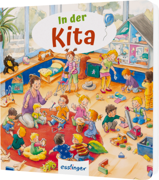 Das Buchcover zeigt eine bunte Kita-Szene mit spielenden Kindern und einer Erzieherin. Die fröhlichen Figuren sind umgeben von Spielzeug und einer hellen Raumgestaltung.