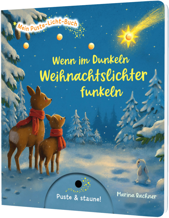 Das Buchcover zeigt zwei niedliche Rehe mit roten Schals, die gemeinsam zur Nacht mit leuchtenden Weihnachtslichtern und einem funkelnden Stern aufblicken. Der Hintergrund ist in sanften Blautönen gehalten und zeigt verschneite Tannenbäume.