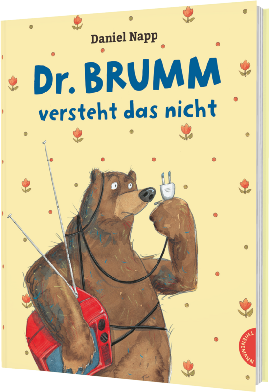Das Buchcover zeigt einen braunen Bären mit einem verwirrten Ausdruck, der einen Stecker in der Hand hält. Der Hintergrund ist hellgelb mit kleinen roten Blumen.