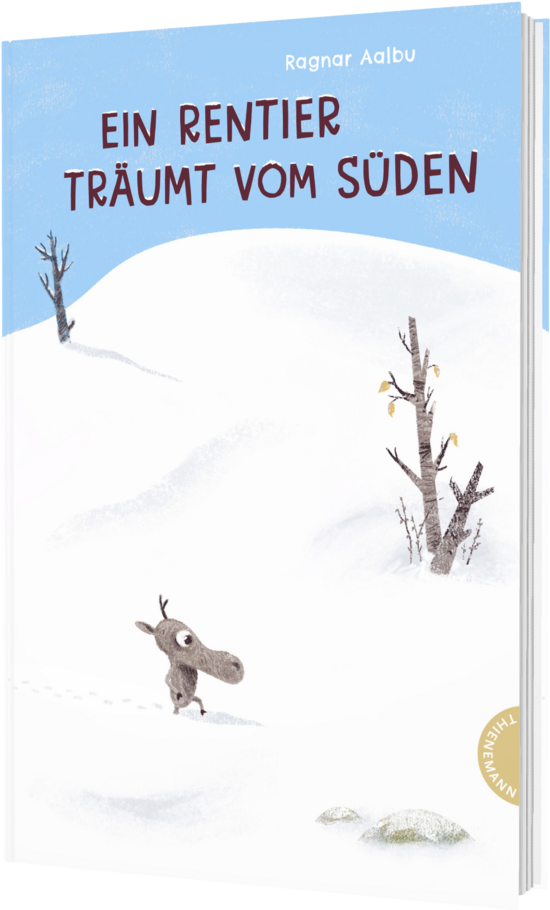 Das Buchcover zeigt ein niedliches Rentier, das in einer verschneiten Landschaft steht. Der Hintergrund ist hellblau, während kahle, vereiste Bäume teilweise sichtbar sind.