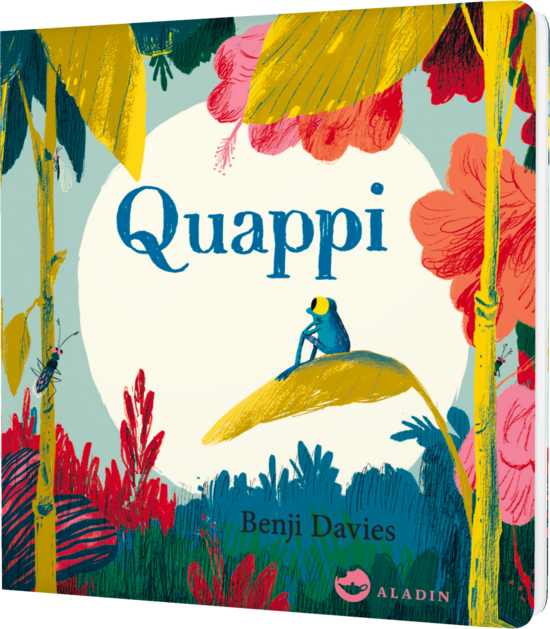 Das Buchcover zeigt eine farbenfrohe Dschungelszene mit großen, bunten Pflanzen und einer zentralen Vollmonddarstellung. Ein kleiner, blauer Frosch sitzt auf einem gelben Blatt im Vordergrund.