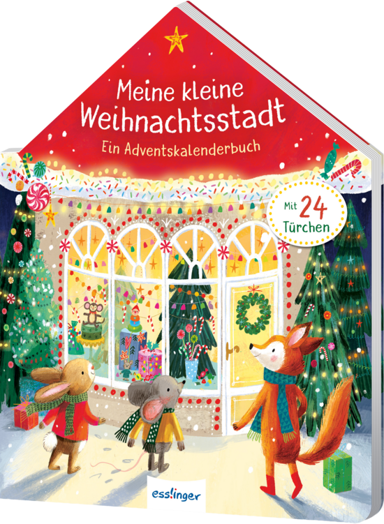 Das Buchcover zeigt eine weihnachtliche Szenerie mit einem roten Dach und festlich dekorierten Fenstern. Vor dem Fenster stehen ein Fuchs und zwei Mäuse in bunten Pullovern, umgeben von Tannenbäumen und Lichtern.