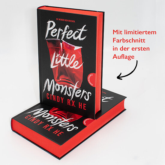 Das Buchcover zeigt vor schwarzem Hintergrund den weissen Titel Perfect Little Monsters, eine rote zerknitterte Plastiktuete und rote Buchschnittkanten.