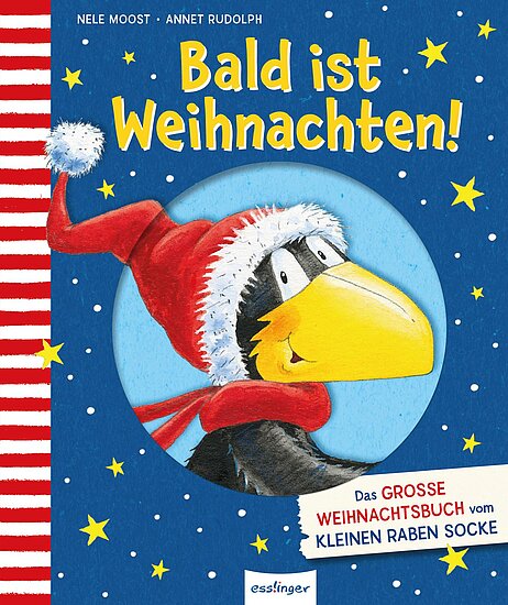 Das Buchcover zeigt einen kleinen Raben in einem roten Weihnachtsmannkostüm mit einer weißen Mütze. Der Hintergrund ist blau mit gelben Sternen und roten Streifen.