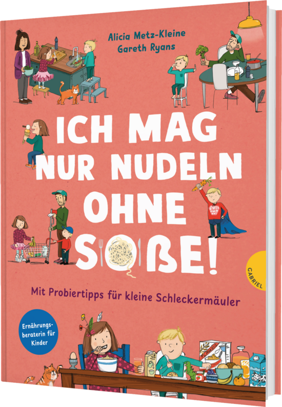 Das Buchcover zeigt eine lebendige, rote Hintergrundfarbe und verschiedene Kinder, die an einem Tisch mit Nudeln und Zutaten experimentieren. In der Mitte steht der Titel „ICH MAG NUR NUDELN OHNE SOßE!“ prominent in weißen Buchstaben.