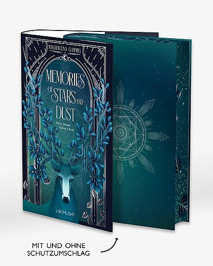 Das Buchcover zeigt einen türkisblauen Hirsch mit blauen Ranken als Geweih vor einem sternenbesetzten dunkelblauen Ornamentbogen.